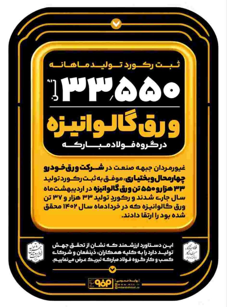 ثبت رکورد تولید ماهانه ورق گالوانیزه در گروه فولاد مبارکه